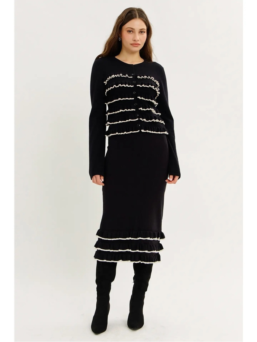 Black Ruffle Button Front Knit Cardigan Sweater - 376